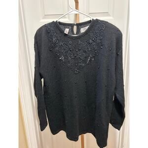 Vintage Karen Scott Evening Silk Blend Black Beaded Sweater, Large, NWT